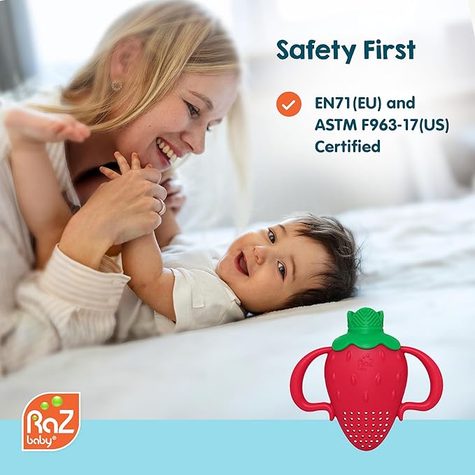 RaZbaby Fruitique Fruit Feeder One-Piece Baby – Larger Opening for Refilling & Fits More Fresh/Frozen Fruit for Teething Relief, Easy to Hold, Safer Design, BPA-Free, Dishwasher Safe - Strawberry