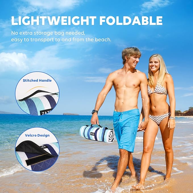 ZAZE Beach Blanket Picnic Blankets with Stakes, Thick 3-Layer 80*80 Oversized Waterproof Sandproof Compact Outdoor Mat, Big Extra Large Foldable Camping Park Vacation Travel Accessories(Blue Stripe)