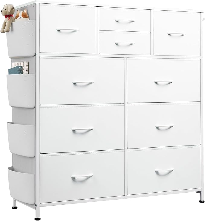 WLIVE White Dresser for Bedroom with 10 Drawers, Chest of Drawers with Side Pockets and Hooks, PU Storage Dresser, Sturdy Metal Frame, Drawers Organizer Unit for Living Room, Hallway, Closet