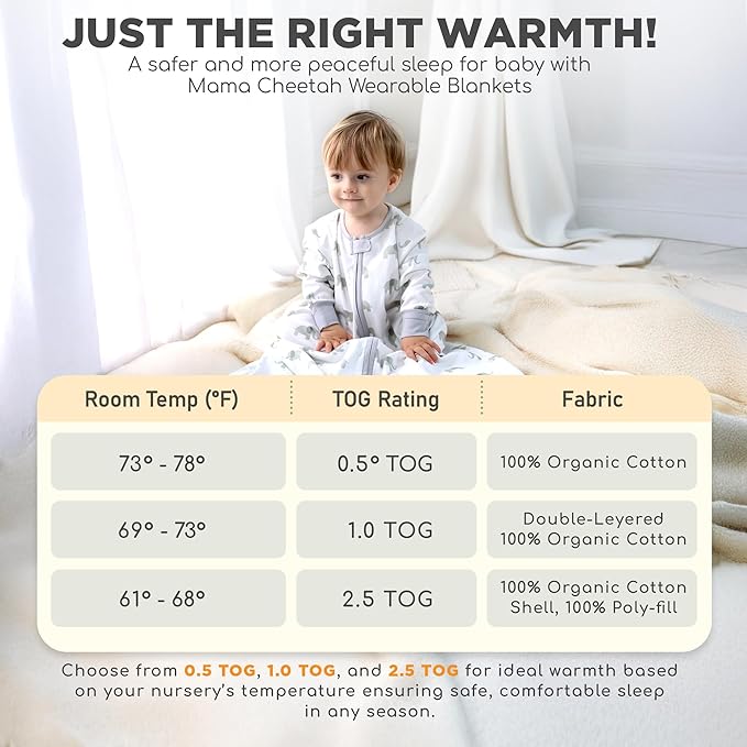 Mama Cheetah Baby Sleep Sack with Sleeves, 0.5 TOG Organic Cotton Wearable Blanket and Two-Way Zipper, Swaddle Transition Long Sleeve Sleeping Bag for Newborn Infant Toddler, 6-12 Months