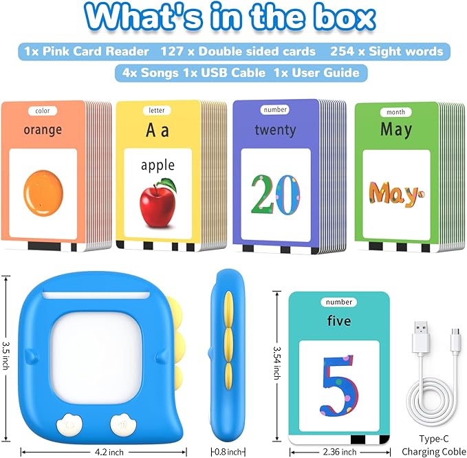 Kidzdo Dinosaur Talking Flash Cards with 254 Words, Birthday Gifts for Ages 1-6 Boys, Educational ABCs Learning Toys, Toddlers Pocket Speech Therapy Toys for 2 3 4 5 6 Year Old Kids, Blue