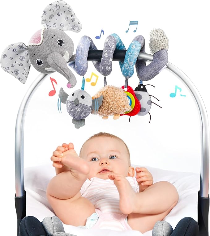 Jollybaby Baby Car Seat Stroller Toys, Plush Activity Hanging Spiral Activity Pram Crib with Music Box, Rattles, Squeaker for Babies Infant Boys Girls (SZ Gray Elephant)