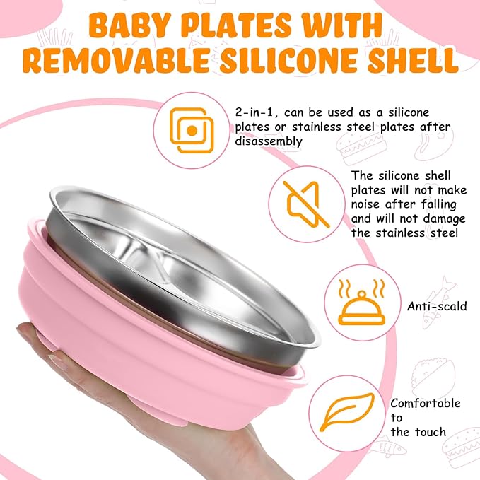 Nuogo 2 Pcs Stainless Steel Baby Suction Plates with Removable Silicone Shell 2-in-1 Metal Toddler Bowl Divided for Picky Eaters Kids Feeding Led Weaning Supplies, Dishwasher Safe (Beige,Pink)