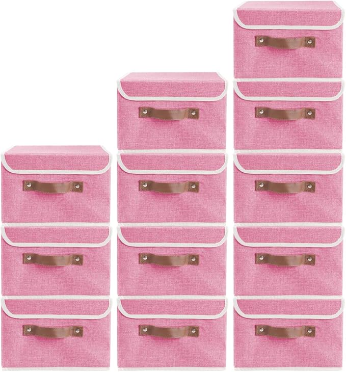 Lucky Monet Storage Bins Boxes with Lids 2 Pack Decorative Storage Boxes Collapsible Fabric Storage Basket Containers Lidded Storage Cube for Organizing Closet Home Office, 10"x 8"x 7" (Pink)