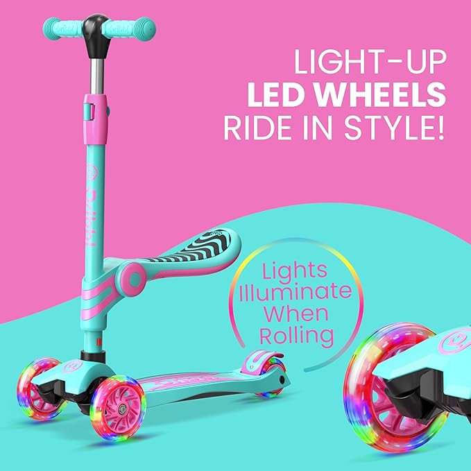 Candy 3 Wheel Scooter with Seat for Kids – Light-Up LED Wheels, Adjustable Handlebar and Seat, Smooth PU Wheels, Wide Anti-Slip Deck, Rear Foot Brake – Toddler Outdoor Toys for Ages 2+