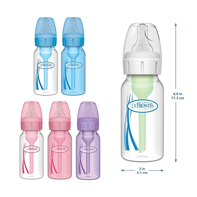 Dr. Brown's Natural Flow Anti-Colic Options+ Narrow Baby Bottle, 4 oz/120 mL, with Level 1 Slow Flow Nipple, Pink, 0m+, 4 Pack
