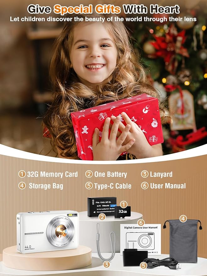 Digital Camera,FHD 1080P Kids Camera 44MP Point and Shoot Digital Cameras with 32GB Card,16X Zoom,Anti-Shake,Date Stamp,Compact Small Cameras Photography for Kids Student Teen Girl Boy(White)