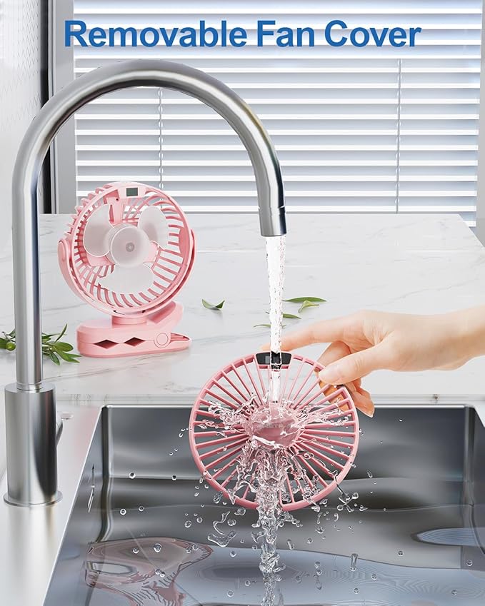SWEETFULL Portable Clip on Fan - Battery Operated Stroller Fan, 4000mAh Small Rechargeable Fans with LED Display, 4 Speeds, Mini Personal Cooling Desk Cooler for Golf Cart Travel Camping Gym (Pink)