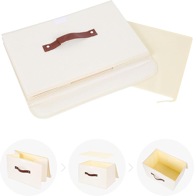 ANMINY 2PCS Storage Bins with Lid PU Leather Handles Storage Boxes PP Plastic Board Decorative Foldable Lidded Cotton Linen Fabric Home Cubes Baskets Closet Organizer Containers - Beige, Large Size