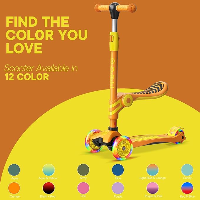 Orange 3 Wheel Scooter with Seat for Kids – Light-Up LED Wheels, Adjustable Handlebar and Seat, Smooth PU Wheels, Wide Anti-Slip Deck, Rear Foot Brake – Toddler Outdoor Toys for Ages 2+