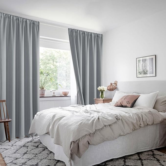 XWZO 100% Blackout Curtains with Tiebacks- Extra Wide Privacy Protection & Noise Blocking Window Draperies with Black Liner for Bedroom/Living Room, Rod Pocket, Grey, W70 x L84, Set of 2