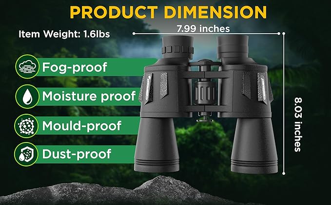 Binoculars with Smart Phone Bracket Adapter, Militar, 20x50, Adults, Bird Watching, High Power Waterproof with Low Light Night Vision for Hunting, Travel, Games, Carrying Case Strap.