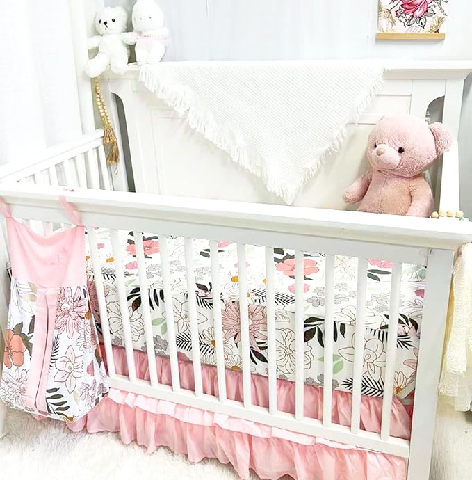 4-Piece Crib Bedding Set for Girls, Pink Baby Girl Bedding Set with Crib Skirt, Baby Quilt, Crib Sheet and Diaper Stacker, Daisy Flower