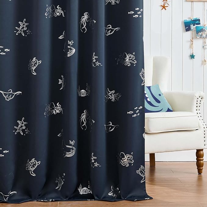 Vangao Kids Curtains for Boys Bedroom Kids Blackout Curtains 63 Inch Length Ocean Aquarium Nursery Drapes for Girls Bedroom Silver Sea Animals Print Thermal Insulated Drapes, Navy Blue 2 Panels
