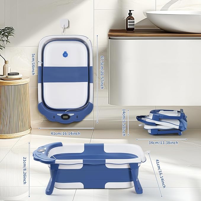 Baby Bathtub,Collapsible Baby Bath Tub with Thermometer & Soft Floating Cushion,Portable Travel Baby Bathtubs for Newborns to Toddlers 0-36 Months(Bear Blue)