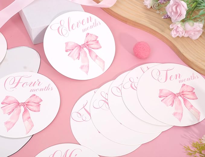 Bow Baby Monthly Milestone Markers - Baby Monthly Milestone Discs Photos,Coquette Bow Month Photo Signs,Baby’S First Year Newborn Signs for Girl (Pink)