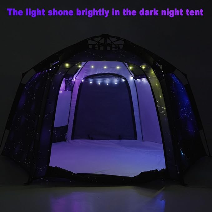 Portable Hexagon Kids Play Tent with LED Strip Lights Indoor Children Play House Easy Set-up Space Dream Tent for Night.4-5 Person Large Tents & Birthday Gifts