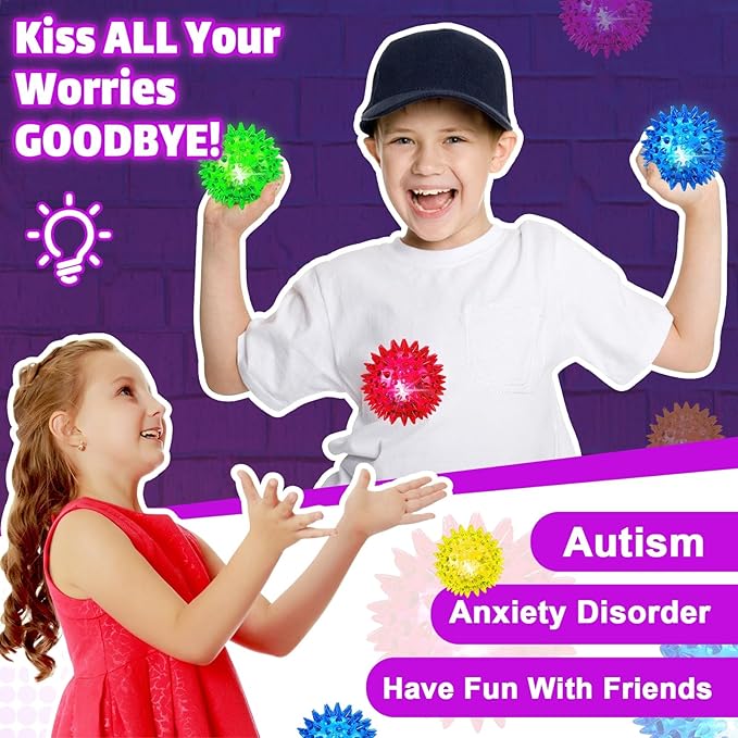 Bouncy Light Up Ball for Kids - LED Flashing Spiky Sensory Toys for Kids with Autism Stress Balls for Toddlers 1-3 Fidget Toys Sensory Balls Glow in The Dark for Novelty Noisemaker Toys for Parties