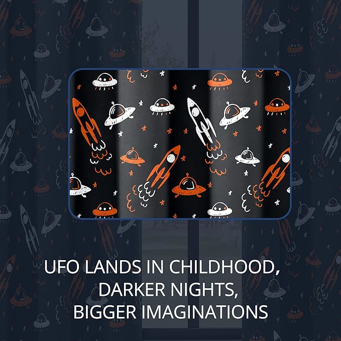 Kids Space UFO and Rocket Blackout Curtains - 100% Blackout, Thermal Insulated, Noise Reducing, Perfect for Kids Room and Nursery, 2 Panels (Starlight Rocket Chase, W52×L63)