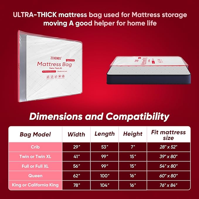 ZCHENBS® – Mattress Bags for Moving and Storage,Mattress Bag with Zippers,5 Mil Ultra-Thick Bed Bag,Waterproof,Anti-Tear,Heavy-Duty Mattress bag (Transaparent/Red, Twin/Twin XL-(2 Pack))