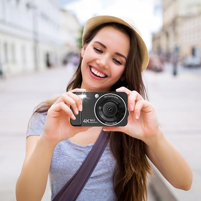 Digital Camera, 4K 64MP, 18X Zoom, Point and Shoot Digital Camera with 64GB TF Card & 2 Batteries, Portable Rechargeable Small Camera for Kids Teens Adult, Black