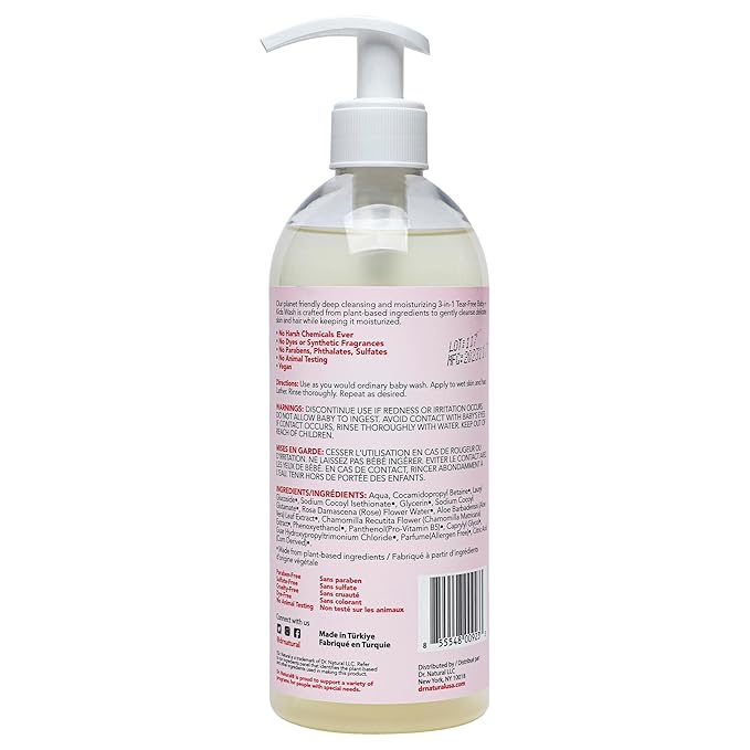 Dr. Natural 3-in-1 Tear-Free Baby Plus Kids Soap - Head-to-Toe Soap and Shampoo - Sensitive Skin Moisturizing Body Wash - Rosewater - 16 oz