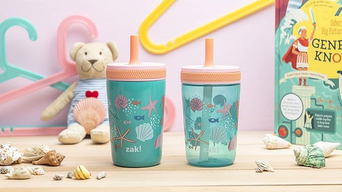Zak Designs Shells Kelso Tumbler Set, Leak-Proof Screw-On Lid with Straw, Bundle for Kids Includes Plastic and Stainless Steel Cups with Bonus Sipper (3pc Set, Non-BPA) 15 fl.oz.