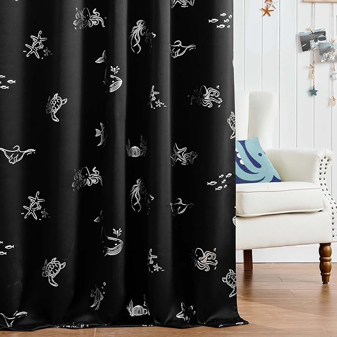 Vangao Kids Curtains for Boys Bedroom Kids Blackout Curtains 84 Inch Length Ocean Aquarium Nursery Drapes for Girls Bedroom Silver Sea Animals Print Thermal Insulated Drapes, Black 2 Panels