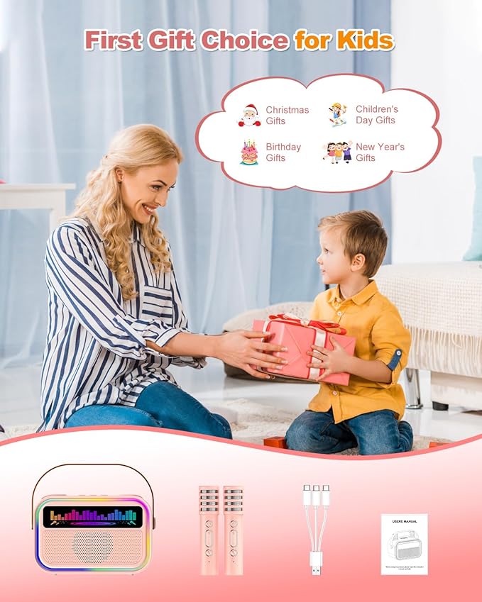 Kids Karaoke Machine for Girls, Kids Toys Gifts for Age 3-12+, Portable Bluetooth Speaker with 2 Wireless Microphones, Toddler Singing Karaoke for Birthday, Family, Home Party (Pink)