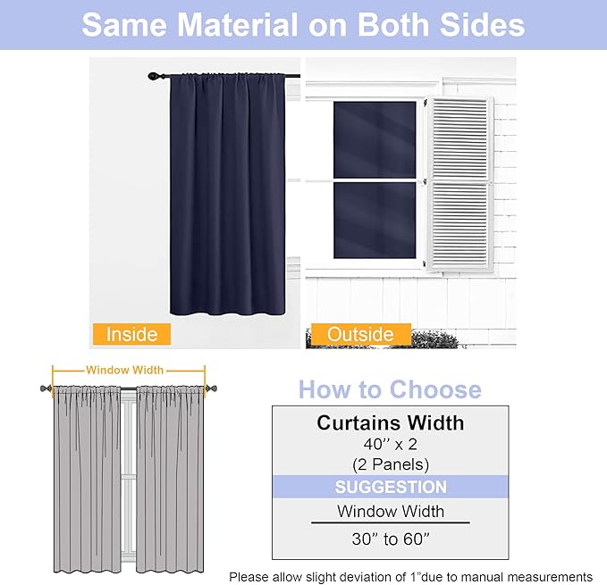 Simplebrand Ava Navy Blue Short Blackout Curtains for Bedroom 54 Inches Long 2 Panels Set, Solid Thermal Insulated, Energy Saving Window Treatment Curtains Blackout Drapes, W40 x L54 Inch, Navy Blue
