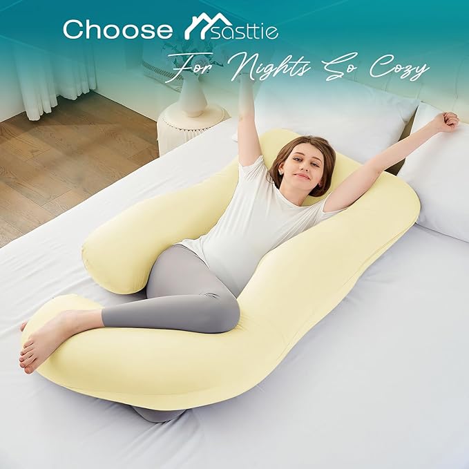 Sasttie Pregnancy Pillows for Sleeping, U Shaped Cooling Full Body Pregnancy Must Haves, 57 Inch Maternity Pillow for Pregnant Women, Pillow with Removable Cover for Side Sleeper, Light Yellow