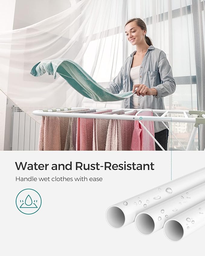 SONGMICS Clothes Drying Rack, with Sock Clips, Metal Laundry Rack, Foldable, Space-Saving, Free-Standing Airer, with 2 Height-Adjustable Gullwings, Indoor Outdoor Use, White and Green ULLR052C01