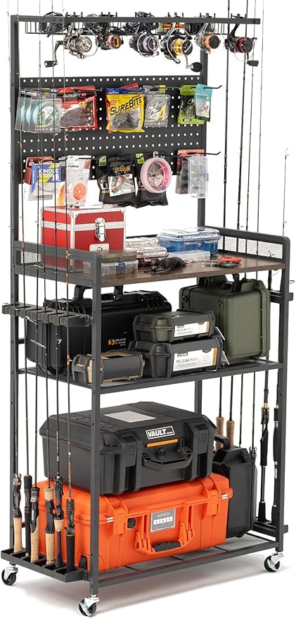 SOYEEZE Fishing Rod Holders for Garage,Fishing Gear Holder for Fishing Rod Tackle Box Storage,Fishing Pole Holders for 12 Rods with Hooks and Pegboard,Fishing Cart with Reel Rack