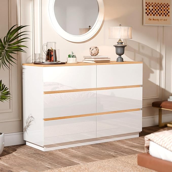 VINGLI White Dresser High Gloss Chest of Drawers, 6 Drawer Dresser for Bedroom, Modern Dressers Wood, Brown Top, 47.2" W x 15.75" D x 31.5" H