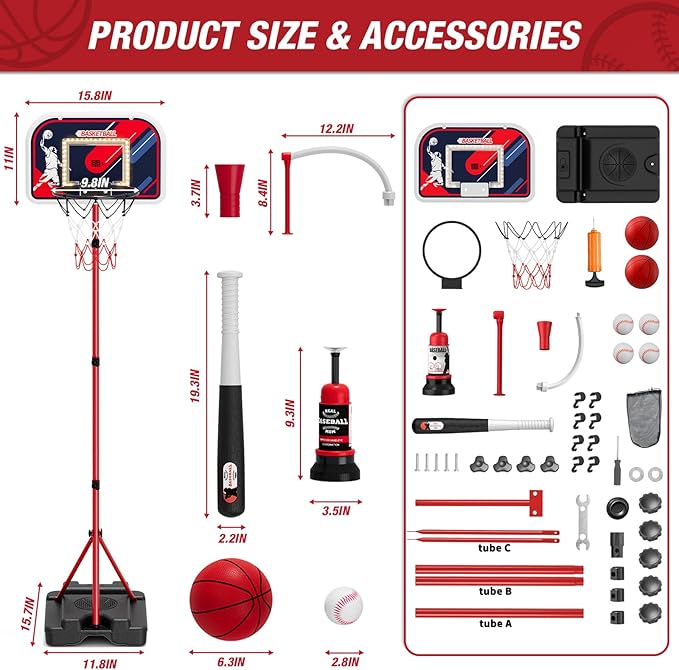 4 in 1 Kids Basketball Hoop and Tball Set for Toddlers 3-5, Basketball Goal with Scoreboard & LED, Hanging Tee Ball Stand with Baseball Pitching Machine, Indoor Outdoor Sport Toys for Boys 4-8