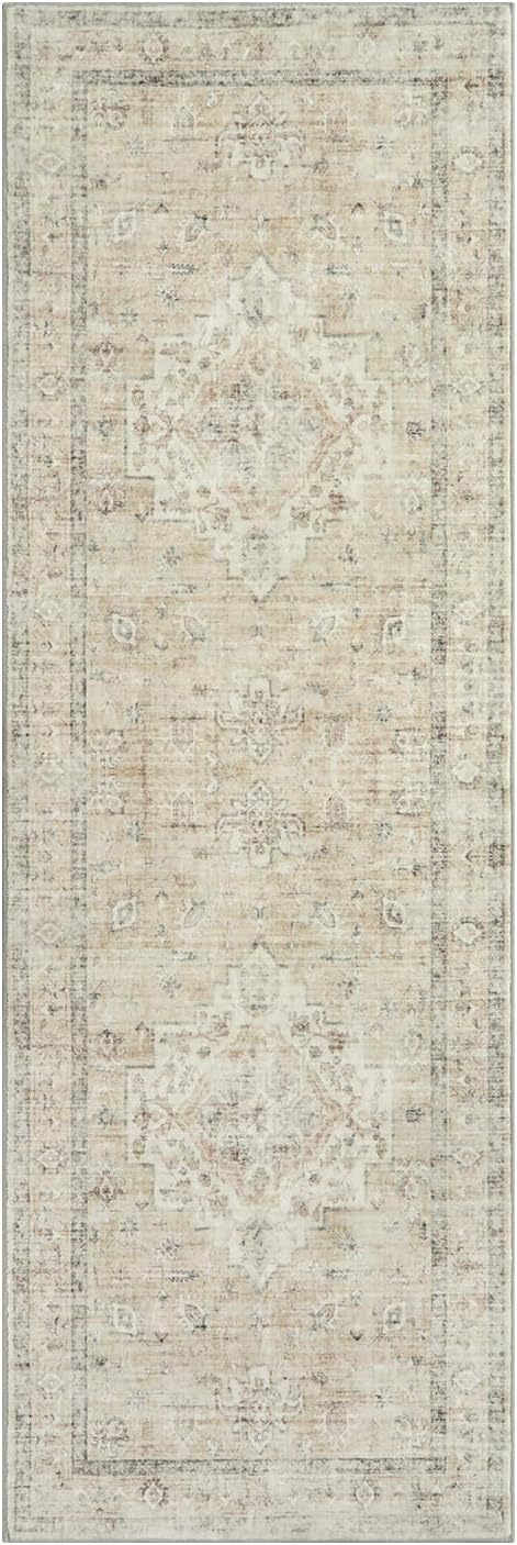 LIVEBOX Washable 2x6 Runner Rug for Bathroom, Non Slip Kitchen Mats for Floor Entryway, Boho Indoor Front Door Mat Low-Pile Runners for Hallways, Farmhouse Rugs for Bath Laundry, Tan