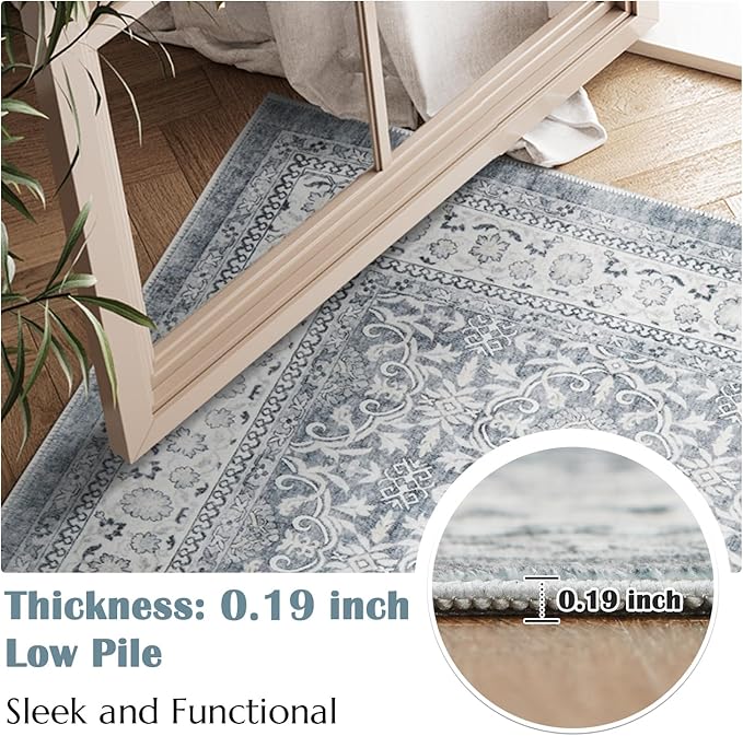 jinchan Floral 6x9 Area Rugs for Living Room - Machine Washable Vintage Distressed Boho Design Throw Rug Stain Resistant Carpet Low-Pile Thin Non-Slip for Bedroom Dining Room Nursery (6‘x9',Grey)