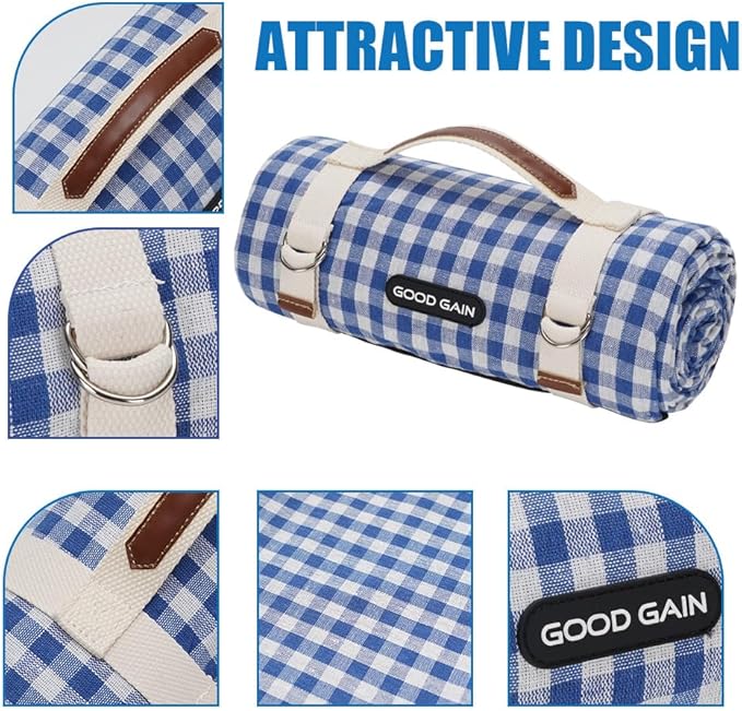G GOOD GAIN Picnic Outdoor Blankets Waterproof Large - Beach Mat Sand Free Foldable with Carry Strap | Portable Camping Blanket | Park Blanket for Grass Park, Hiking, Travel, Concerts, Indoor (Blue)