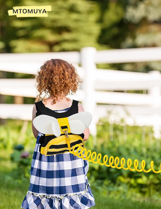 Toddler Harness with Anti Lost Wrist Link - 3-in-1 Baby Safety Leash Backpack, Adjustable Kids Walking Belt with Pocket,Child Locking Wristband for Boys & Girls for Outdoor Travel, Yellow Bee