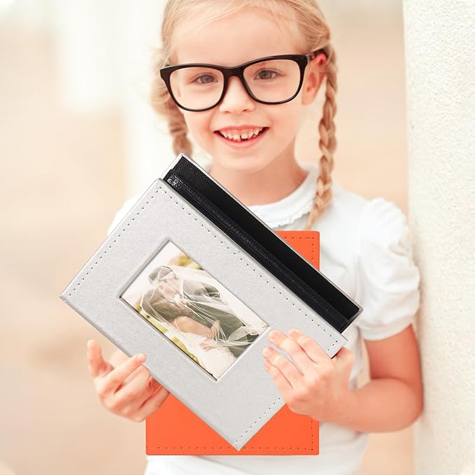 RECUTMS 200 Photo 4x6 PU Leather Cover Black Inner Page with Front Window, Small Photo Book for Baby Wedding Family (Silver)