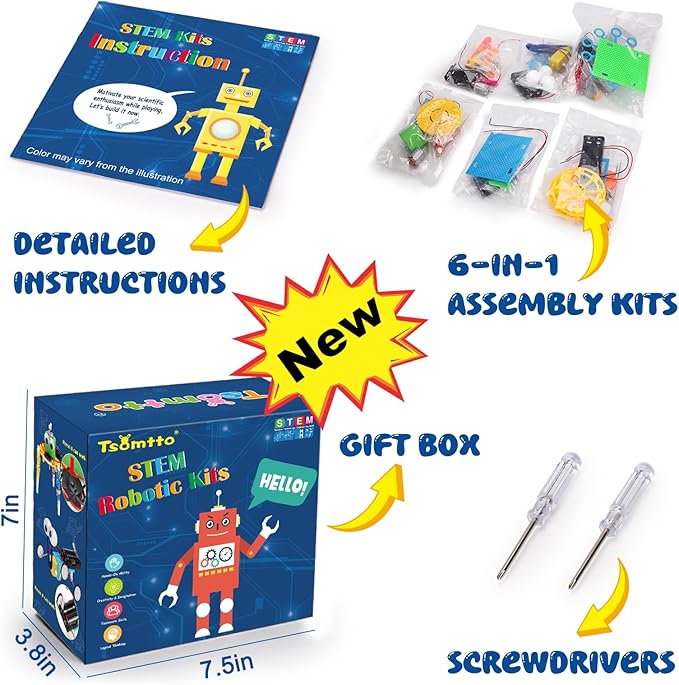 STEM Robotics Kit 6 Set Science Experiments Project Activities Toys for Kids 6-8 8-12 Engineering Building Electronic Motor Robot Kid Craft Boy Girl 5+ 6 7 8 9 10 12 Year Old Gift Summer Outdoor Toy