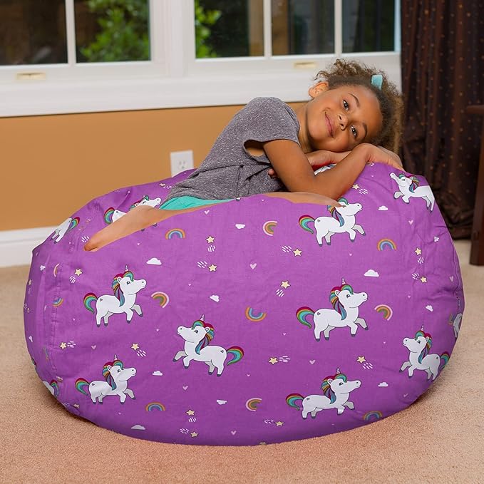 Posh Creations Bean Bag Chair for Kids, Teens, and Adults Includes Removable and Machine Washable Cover, 38in - Large, Canvas Unicorn and Rainbows on Purple