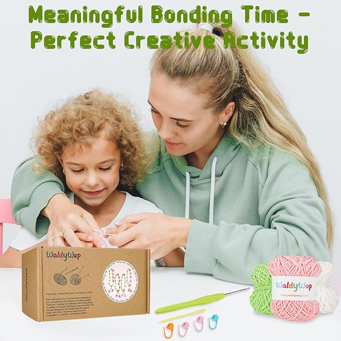 WaldyWop Crochet Kit for Beginners: 4 Flower Bracelets Knitting Kits for Adults Women w/Easy Yarn & Step-by-Step Video Tutorials - Wobbles Crochet Starter Kit for Kids Girls, Birthday Gift for Mom Kid