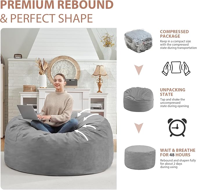 4FT Bean Bag Chair, Large Bean Bag Chairs with Memory Foam Filled, Fluffy Beanbag Sofa with Dutch Velvet Cover, Round BeanBag Chairs for Living Room, Playroom - Light Grey