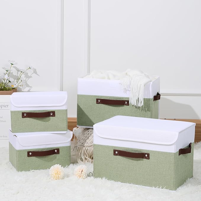 ANMINY 2PCS Storage Boxes with Lid Washable Decorative Storage Bins Basket with PU Leather Handle Foldable Linen Fabric Storage Cubes Containers for Home Closet Organizer - Green White, Small Size