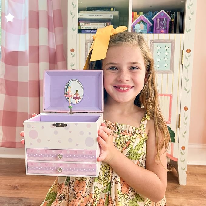 Jewelkeeper Jewelry Box for Girls with Ballerina and Music Box - Dual Drawers and Spacious Storage - Swan Lake Tune - White and Purple Jewelry Keepsake Chest - 6 x 6.75 x 5.25 Inches