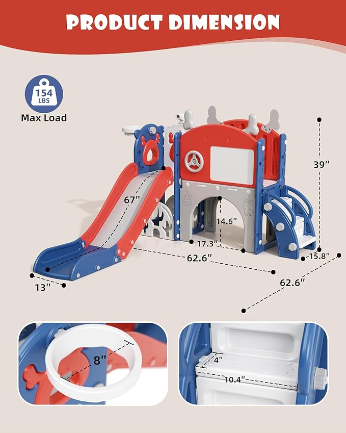 YUFU 12 in 1 Kids Slide for Toddlers, Toddler Slide Playset with Golf, Drawing Board, Climber, Basketball Hoop and Storage Space, Indoor Outdoor Toddler Playground for Kids Age 1-3 (Blue Red)