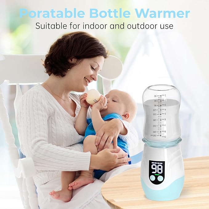 Portable Cordless Baby Bottle Warmer for Travel, Rechargeable with 8 Adapters & 1 Milk Powder Container, Safe Material, Fast Heating, Compatible with Major Brands,Blue