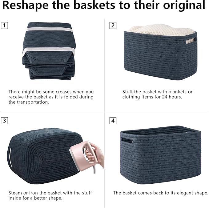 OIAHOMY 4 Pack Storage Baskets for Organizing, Cube Storage Bins for Shelves, Rectangle Storage Baskets With Handles, Woven Baskets for Storage, 12.7''Lx9''Wx7.8''H, Blue