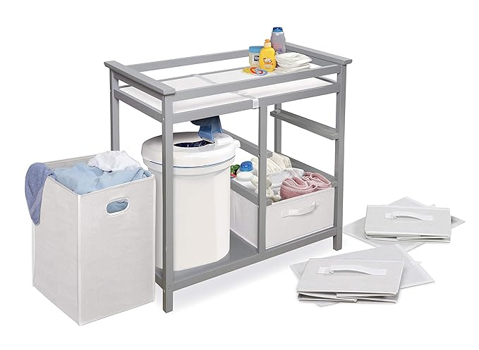 Badger Basket Modern Baby Changing Table - Nursery Furniture with Laundry Hamper and 3 Storage Drawers - Diaper Changing Station with Safety Belt, Changing Pad, Organizer Baskets - Cool Gray and White